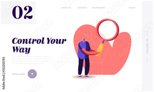 Information and Opportunity Research Landing Page Template. Man Character with Huge Magnifier Glass on Nature Background. Man Searching Mite on Plant Leaves at Summer Time. Cartoon Vector Illustration