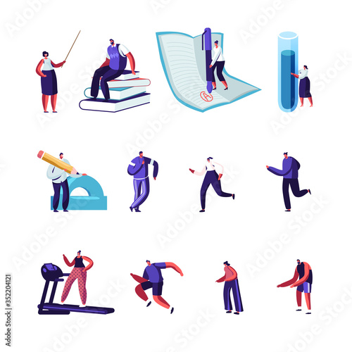 Set of Male and Female Tiny Characters Teachers with Huge Equipment Check Homework and Conduct Lesson, People Sport Exercising in Gym Isolated on White Background. Cartoon Vector Illustration, Icons