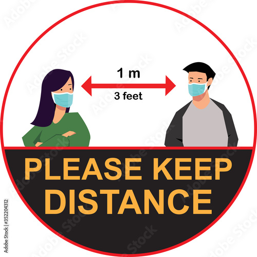 Vector of footprint sign red color with text keep your distance, 1m social distancing for print floor. Social distancing concept. protection from Covid-19, Coronavirus outbreak spreading illustration