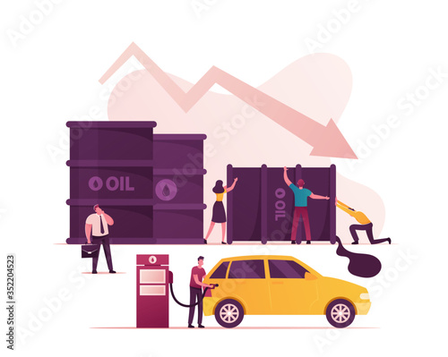 Oil War Concept. Tiny Characters Trying to Pick Up Huge Fallen Barrel with Pouring Oil, Man Filling Car on Station, Businessman with Briefcase. Falling Arrow Price. Cartoon People Vector Illustration