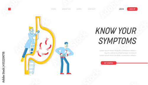 Gastroenterology Landing Page Template. Doctor Character Stand on Ladder at Huge Stomach. Patient at Feel Pain, Medic Study Stomachache of Gastritis or Helicobacter. Linear People Vector Illustration