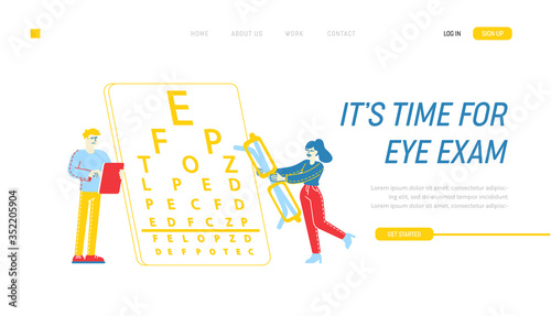 Myopia or Nearsightedness, Vision Diseases Landing Page Template. Eye and Optical System Check Up. Male Character Stand front of Snellen Chart, Woman Carry Huge Eyeglasses. Linear Vector Illustration
