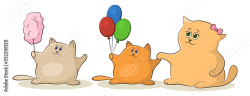 Cartoon Cats Mom and Children with Candy Floss and Balloons. Vector