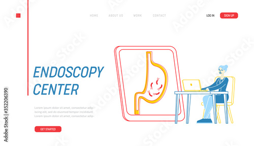 Medic Study Gastritis Symptoms and Causes Landing Page Template. Tiny Gastroenterologist Female Doctor Character Work on Laptop Look on Sick Human Stomach with Helicobacter. Linear Vector Illustration
