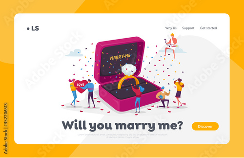 Characters Romantic Proposal Landing Page Template. Men Asking Women to Marry Standing on Knee at Huge Engagement Ring. Love Relationship Marriage, Valentines Day. Cartoon People Vector Illustration