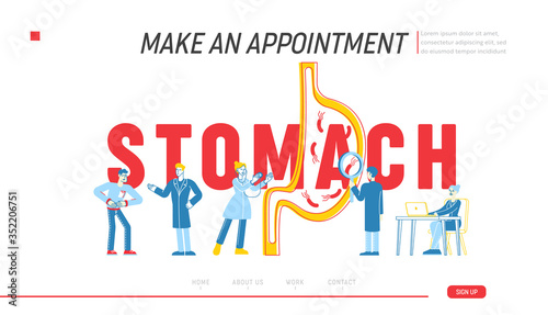 Stomach Abdominal Pain Landing Page Template. Gastrointestinal Indigestion Symptom, Helicobacter, Diarrhea, Constipation Disease, Illness Medicine Characters. Linear People. Linear Vector Illustration