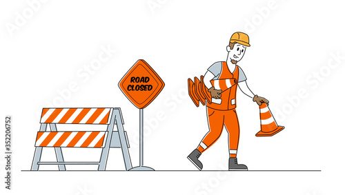 Roadwork and Asphalt Paving Concept. Worker Man Character in Orange Overall Put Traffic Cones and Warning Road Closed Sign, Construction Industry, Highway Maintenance. Linear Vector Illustration