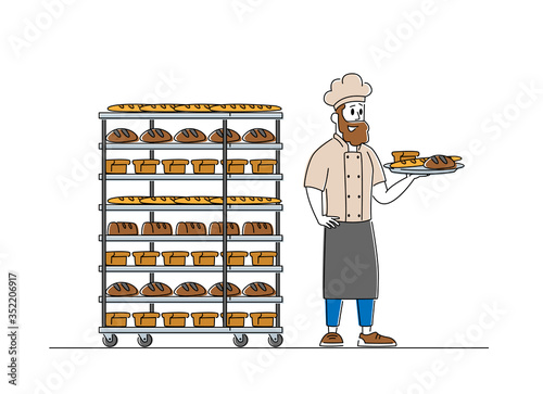 Man Baker Character in Sterile Uniform and Hat Holding Tray with Various Fresh Hot Baked Bread Loafs Just Taken from Oven. Bakery and Baked Food Production and Manufacture. Linear Vector Illustration