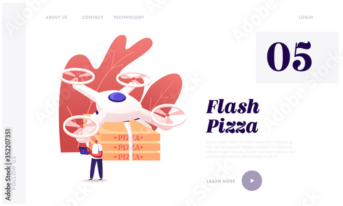 Quadcopter Food Delivery  Air Shipping Landing Page Template. Man Character Hold Telecontrol Pad for Navigating Flying Drone with Remote Control Deliver Pizza to Customers. Cartoon Vector Illustration