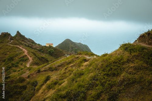 Mountain range of Ribeira de Janela on Santo Antao Cape Verde. Hiking trail path leading down to atlantic cost