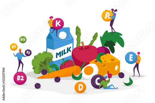 Characters Healthy Lifestyle, Organic Food Choice, Vitamins in Products. Fruits, Vegetables, Cheese, Milk and Eggs as Source of Energy and Health. Vegetarian Diet. Cartoon People Vector Illustration