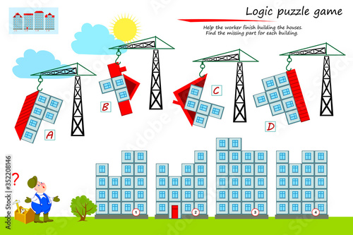 Logic puzzle game for children and adults. Help the worker finish building the houses. Find the missing part for each building. Printable page for kids brain teaser book. Flat cartoon vector.