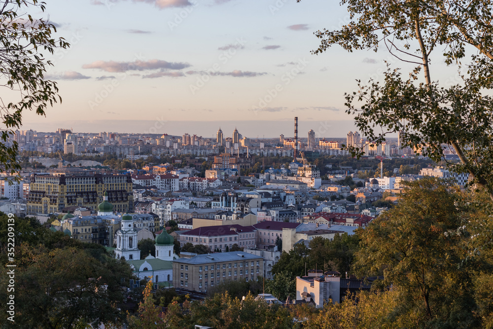 Warm Autumn Landscape view of the Kyiv city area Podil