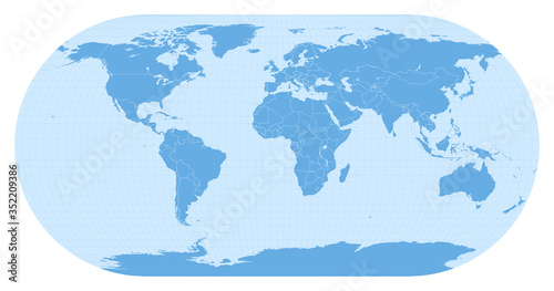 World map in Eckert III projection (EPSG:54013). Detailed vector Earth map with countries’ borders and 5-degree grid.