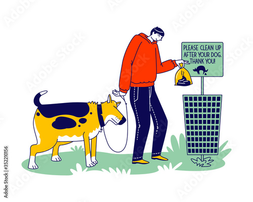 Male Character Cleanup after Dog Remove Shit from Ground in Park or House Yard Throw Out Plastic Bag with Crap into Litter Bin with Restriction Banner. Care of Environment. Linear Vector Illustration