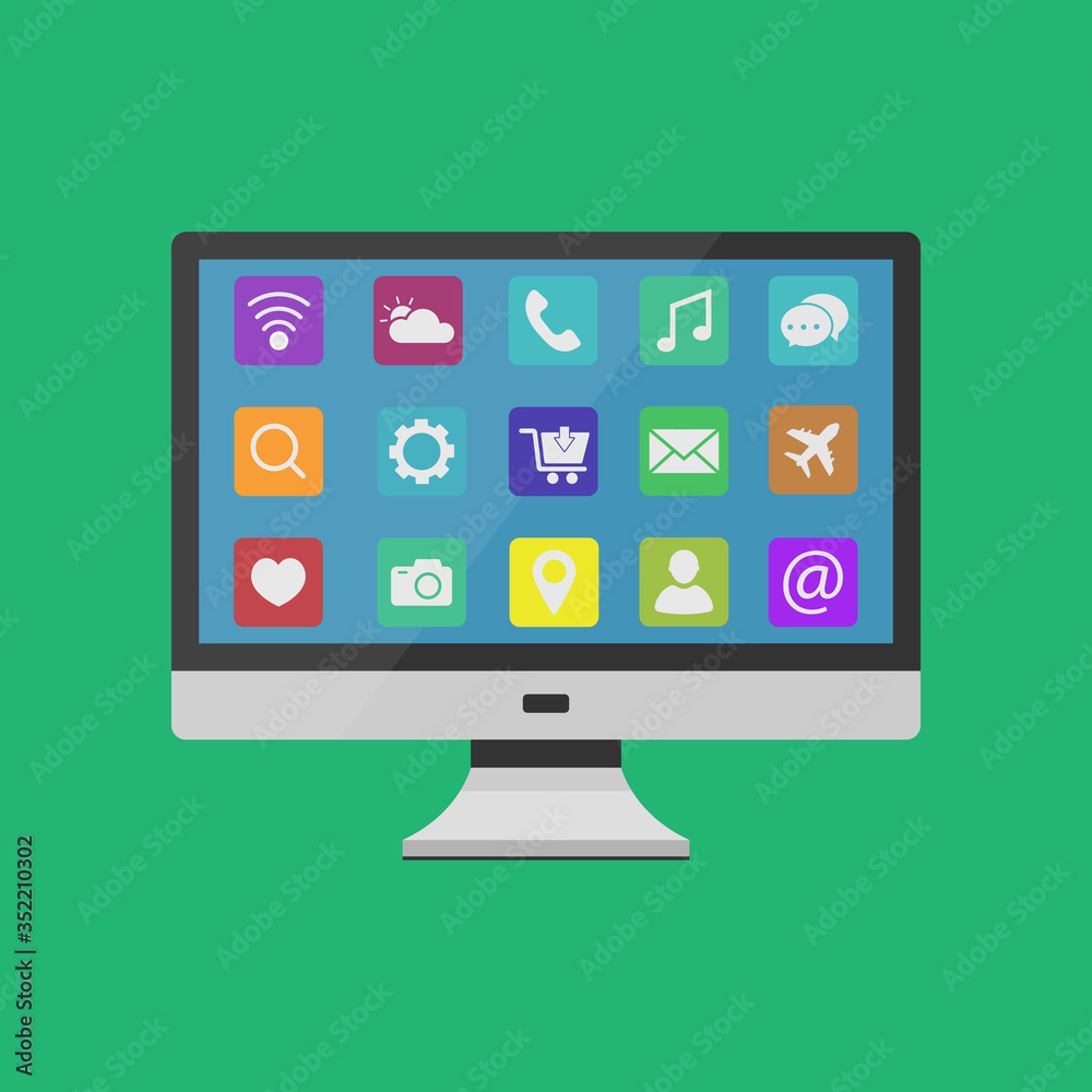 Computer PC monitor with ssocial media icons Computer PC monitor with ssocial media icons