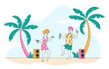 Beach Party on Exotic Tropical Resort. Young People Characters Dancing and Drinking Cocktails on Seaside at Summer Time on Tropical Landscape with Palms, Couple Relax. Linear Vector Illustration