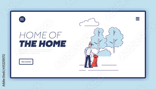 Real estate agency website design element. Landing page with teen boy walking dog