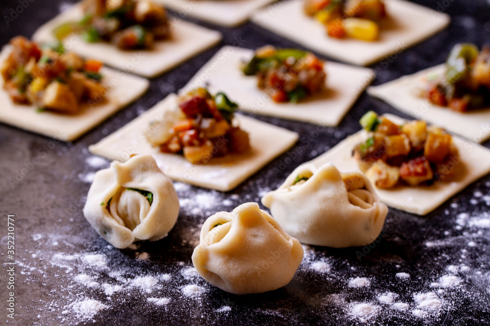 Homemade Asian dumplings with vegetable filling on a black granite table, Chinese dumplings for dinner. Japanese dumplings for lunch. Traditional Asian-Chinese cuisine