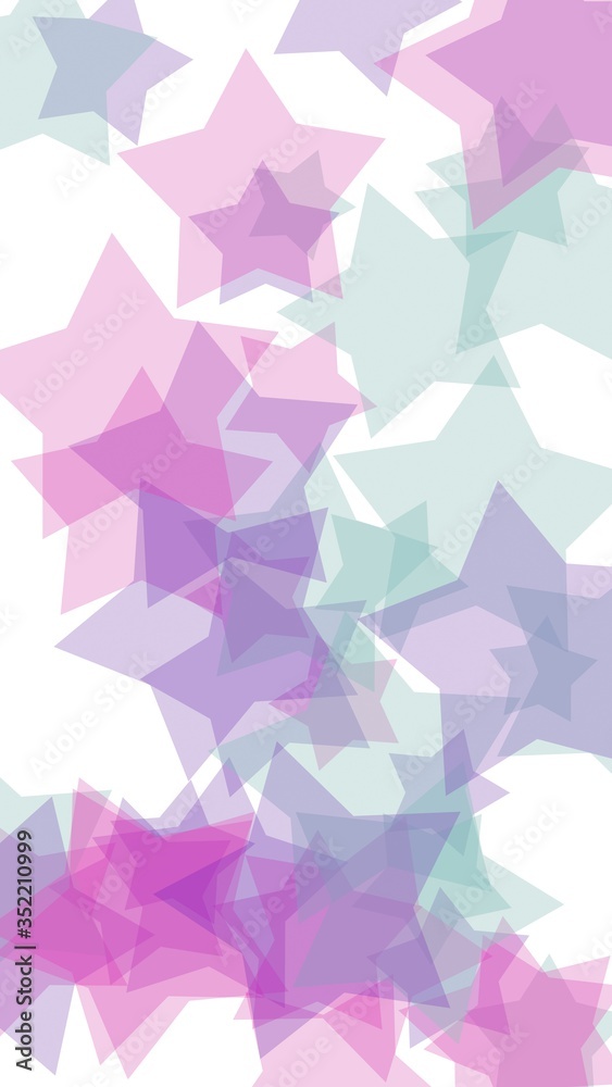 Multicolored translucent stars on a white background. Pink tones. 3D illustration