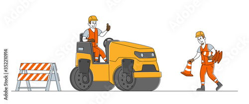 Roadwork and Asphalt Paving. Workers Characters in Overall with Heavy Asphalting Machinery. Special Transport, Pavement Compactor. Construction Building Industry. Linear People Vector Illustration