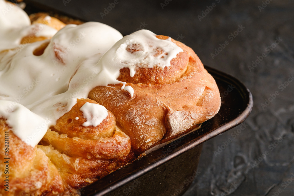 Sweet tasty homemade rose buns rolls with sugar whipped cream, hot and fresh, bakery for recipe book, angle view Sweet tasty homemade rose buns rolls with sugar whipped cream, hot and fresh, bakery for recipe book, angle view