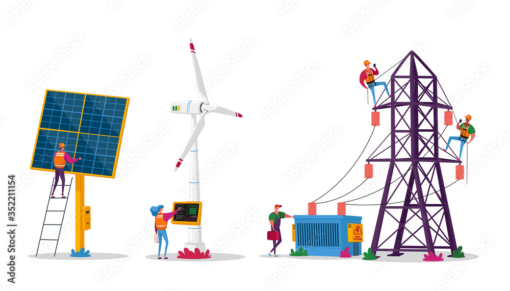 Characters Use Sustainable Energy, Environmental and Ecology Protection. New Technologies Integration into Human Life. Solar Panels and Windmills for Green Energy. Cartoon People Vector Illustration