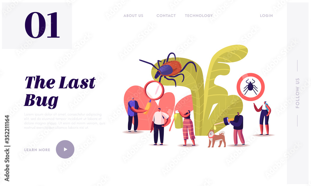 Encephalitis Mite, Tick Bite Protection Landing Page Template. Characters Search Dangerous Insect. Mite Hid on Plant Leaf, People Spraying Insect Repellent on Skin and Dog. Cartoon Vector Illustration Encephalitis Mite, Tick Bite Protection Landing Page Template. Characters Search Dangerous Insect. Mite Hid on Plant Leaf, People Spraying Insect Repellent on Skin and Dog. Cartoon Vector Illustration