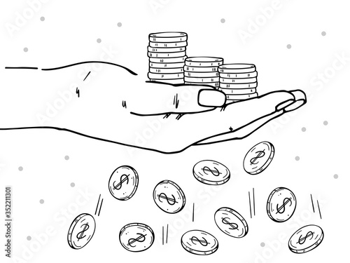 Hand holds stacks of coins. Losing coins. Depicts financial losses  reduced income  financial crisis.