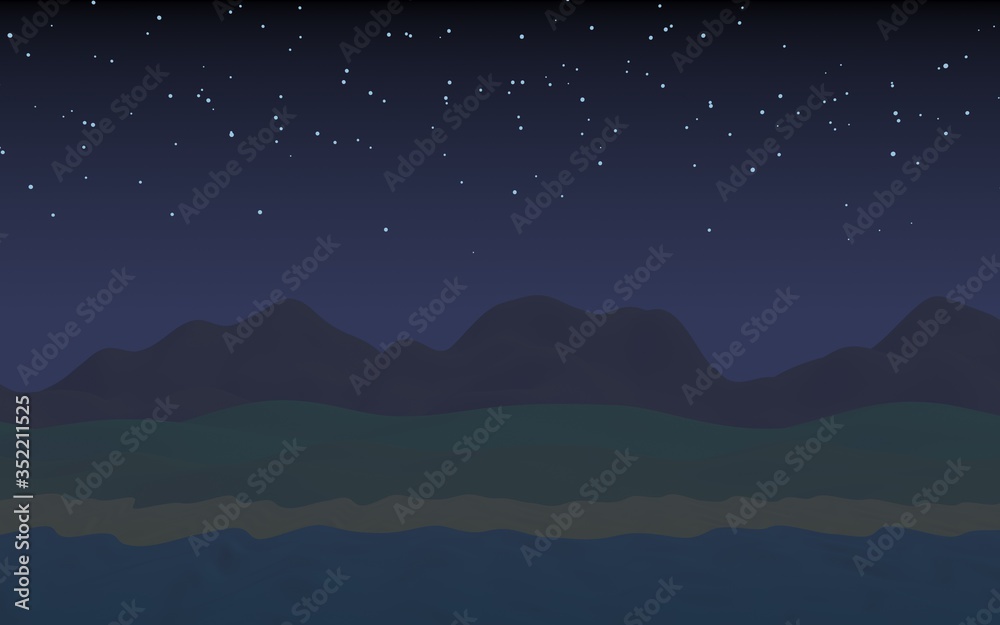 Fototapeta premium Starry moonless sky. Ocean shore line with waves on a beach. Island beach paradise with waves. Vacation, summer, relaxation. Seascape, seashore. Minimalist landscape, primitivism. 3D illustration