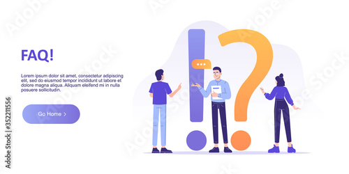 FAQ Frequently asked questions concept. Confused people standing near big exclamation and question marks, asking questions. Online customer support. Landing page template. Vector illustration for web