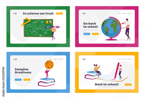 Tiny Teacher Characters with Educational Tools Landing Page Template Set. Tutors with Stationery at Blackboard, Ball, Globe and Books for Disciplines, Check Test. Cartoon People Vector Illustration