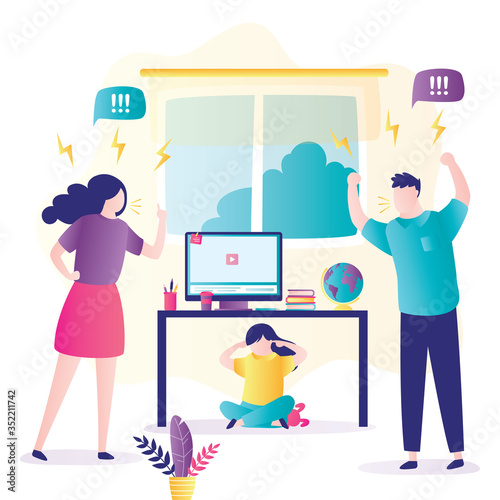 Quarrel in family. Сartoon angry parents swearing. Unhappy daughter sitting under table. Dispute man and woman.