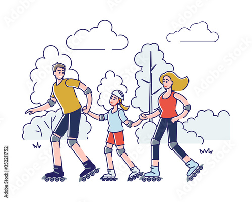 Happy family skating together in park. Parents with daughter spending active time outdoors