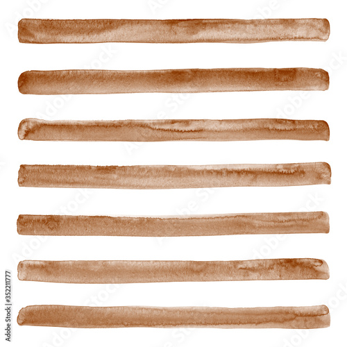 Coffee, chocolate brown watercolor stripes square background. Wide hand drawn watercolour streaks, long brush strokes, ribbons, lines, bars texture, pattern. Coffeehouse, cafe border template.