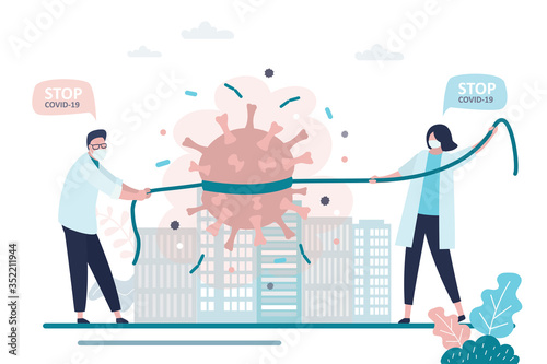 Global pandemic Covid-19. Medical staff in protective masks caught and hold back coronavirus.