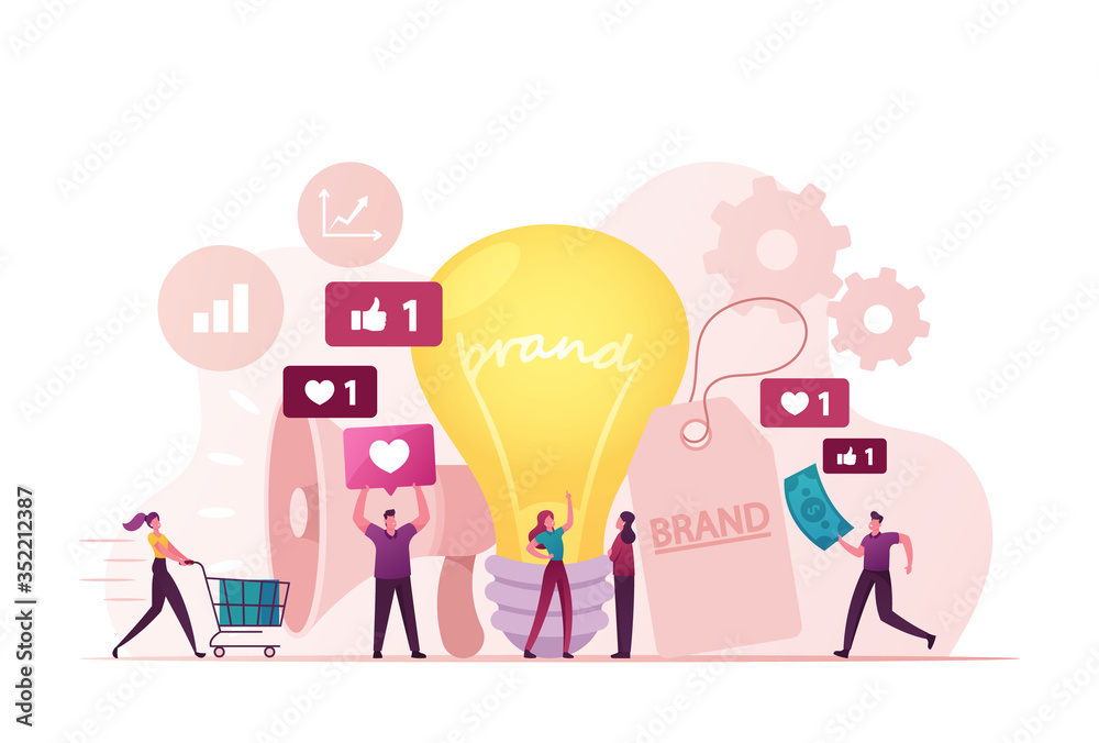 Tiny Marketers Characters with Huge Megaphone and Light Bulb Conducting Brand Awareness Campaign. Product Research Result, Marketing Survey Metrics Business Concept. Cartoon People Vector Illustration