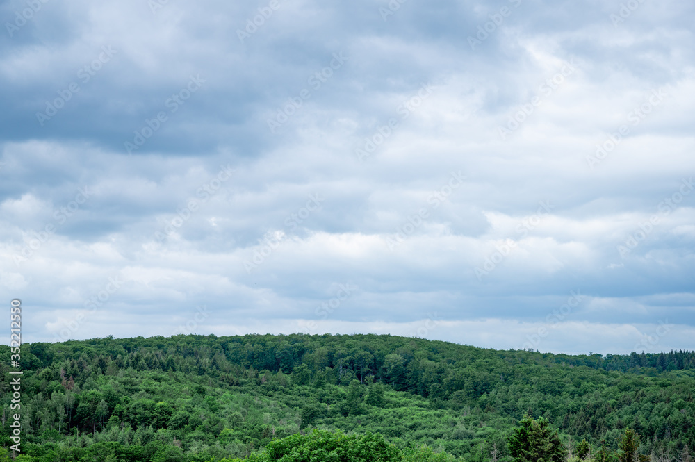 hills overgrown with forest, with clouds in the sky