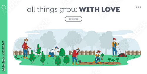 Gardening Work Landing Page Template. Cottagers or Gardeners Planting and Caring of Trees and Plants. Characters Working in Garden Watering, Digging, Care of Bushes. Linear People Vector Illustration