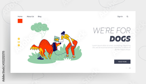 Dog Pooping in Park Landing Page Template. Female Owner Character with Plastic Bag on Hand Prepare to Remove Pet Shit from Ground Care of Environment and Save Nature. Linear Vector Illustration