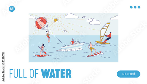 Water activities landing page. Active summer vacation. People surfing, sup boarding and windsurfing