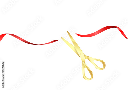 Grand opening ceremony. Golden scissors cut red silk ribbon. Start celebration. Vector realistic illustration isolated on white