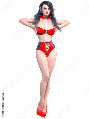 Tall woman in extravagant sexy latex body suite.