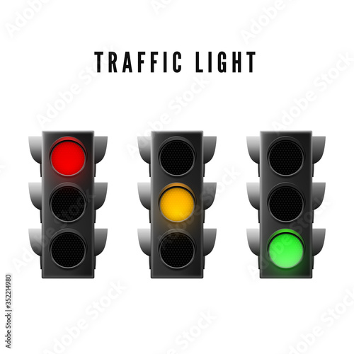 Realistic traffic light. Red yellow and green traffic signal. Isolated vector illustration