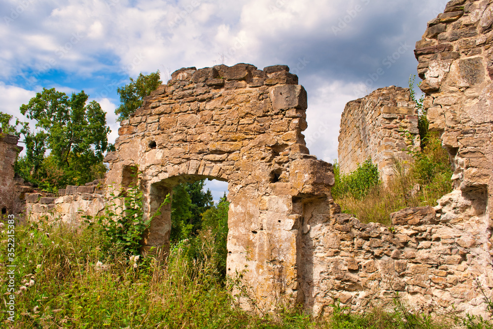 Tor und Mauern einer alten Ruine im Wald