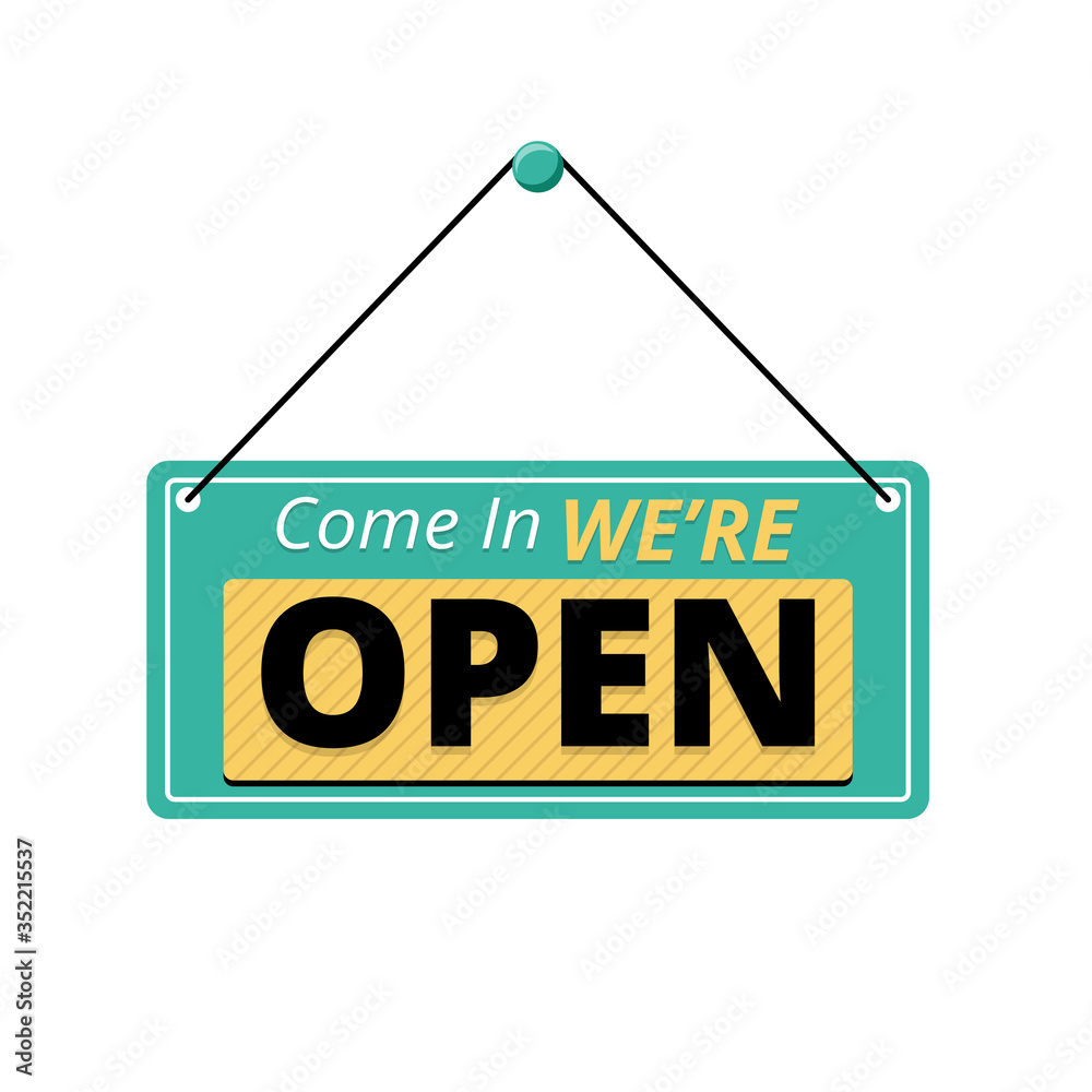 Open sign board vector illustration with turquoise and yellow color isolated on white background Open sign board vector illustration with turquoise and yellow color isolated on white background