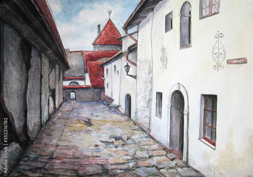 Old street in Tallinn center, graphic illustration