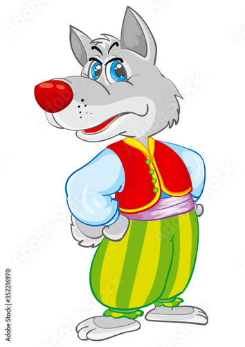 cute wolf character in green harem pants and red yolk, isolated object on a white background, vector illustration,