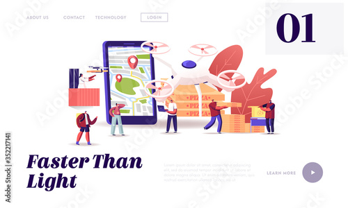 People Using Drones for Food Delivery Landing Page Template. Quadcopter Bringing Pizza to Characters. Aerial Drone Remote Control, Futuristic Service Technology, Lockdown. Cartoon Vector Illustration