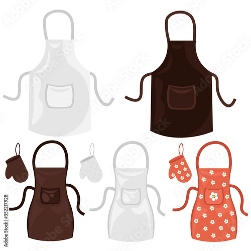 A set of kitchen aprons and mittens. Vector illustration on the theme of cooking and clothing.
